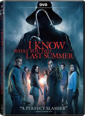 I Know What You Did Last Summer dvd cover; various young people looking behind them with a person in dark clothing holding a large hook type weapon
