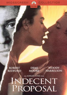 Indecent Proposal dvd cover; man and woman kissing with the image of another man in the left corner