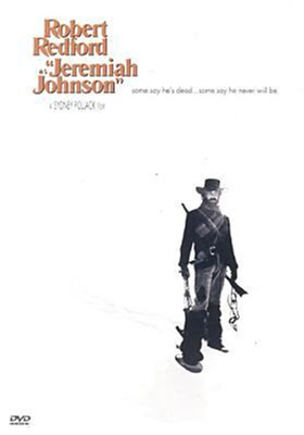 Jeremiah Johnson dvd cover; grizzly looking mountain man with a rifle and various pieces of mountain equipment