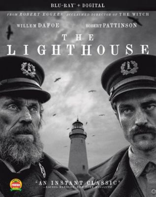 The Lighthouse dvd cover; two men in uniforms and hats with a lighthouse between them