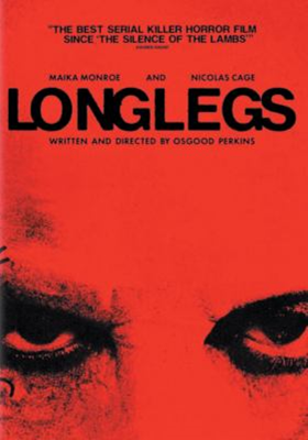 Longlegs dvd cover; red cover showing the dark makeup ringed eyes of a man