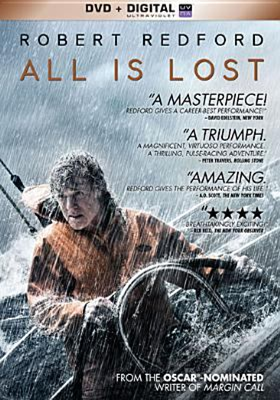 All is Lost dvd cover; man at the wheel of a boat with large waves and a rainstorm happening around him