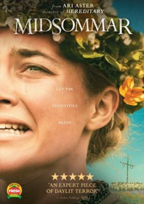 Midsommar dvd cover; crying woman with a crown of flowers around her head