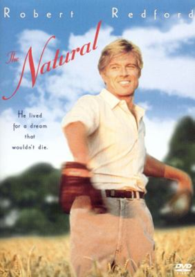 The Natural dvd cover; a man in a field getting ready to throw a baseball
