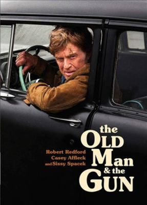 Old Man and the Gun dvd cover; man in a car turned and peering out the car window