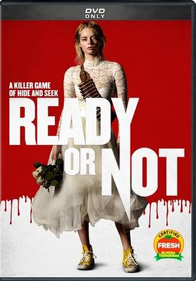Ready or Not dvd cover; woman in wedding dress, tennis shoes, row of bullets strapped over her shoulder