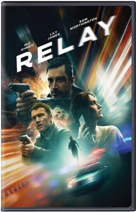 Relay dvd cover; two men with guns drawn, woman on a cell phone, another person running from something