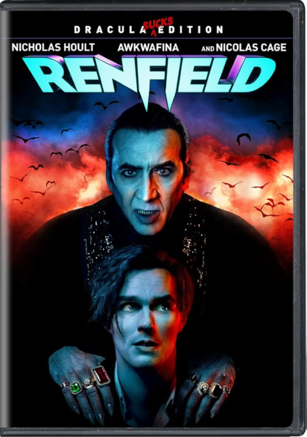 Renfield dvd cover; dracula type figure standing behind a man