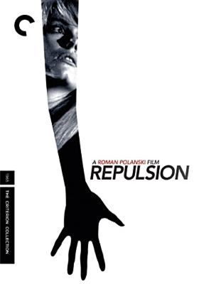 Repulsion dvd cover; black image of a hand and arm with a woman's face superimposed on the upper arm