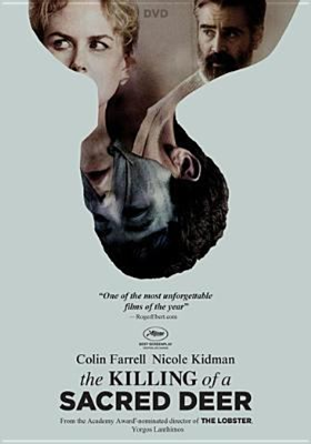 Killing of a Sacred Deer dvd cover; image of a man and woman that morphs into an upside down outline of a person