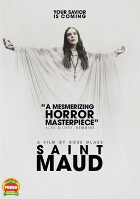 Saint Maud dvd cover; woman in white robe and long cross necklace with her arms raised heavenward