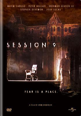 Session 9 dvd cover; imposing brick building in background with an empty chair on a raised platform and a man in a whispery ghostlike state
