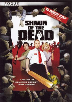 Shaun of the Dead dvd cover; multiple zombie creatures reaching toward two men and a woman