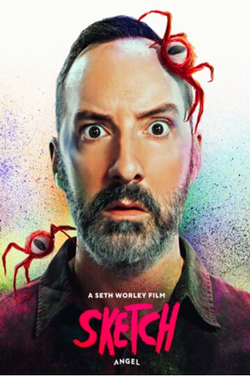 Sketch dvd cover; man looking at the camera in surprise with two spider looking creatures crawling on  him