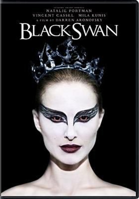 Black Swan dvd cover; woman with black wings painted over both eyes and she's wearing a crown