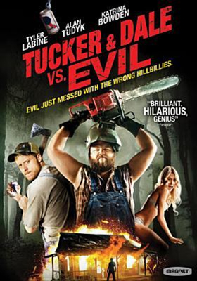 Tucker and Dale vs. Evil dvd cover; various people with chainsaws, axes in front of a burning house