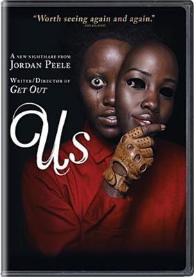 Us dvd cover; crying person holding an identical mask partially over their face