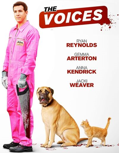 Voices dvd cover; man in pink coveralls holding a saw, dog and cat next to him