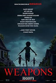 Weapons dvd cover; multiple young children running into the distance down a city street, dark skies overhead