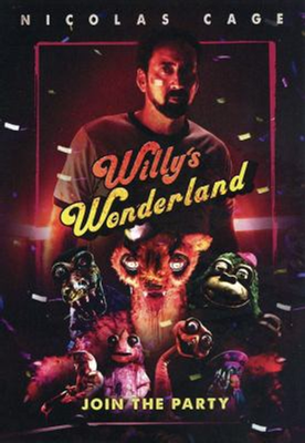 Willy's Wonderland dvd cover; man and various cartoon creature type animals