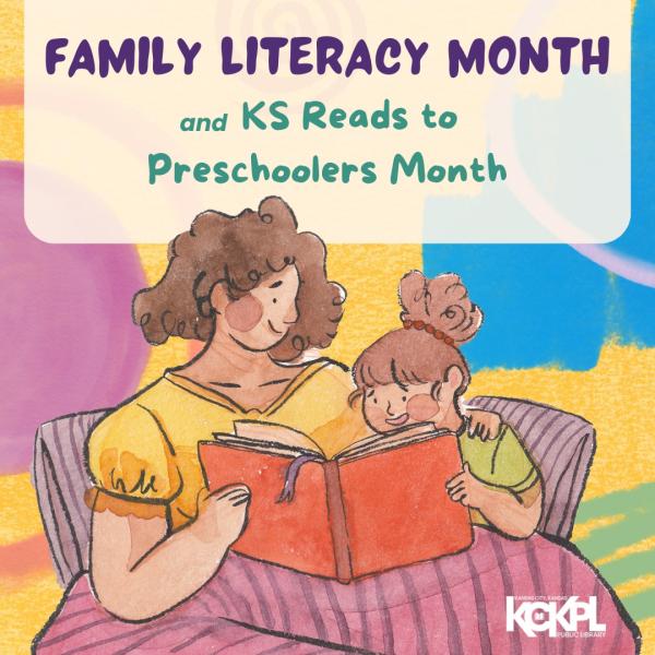 graphic with drawn woman with brown hair and a yellow shirt reading a red book to a young child with brown hair in a green shirt.