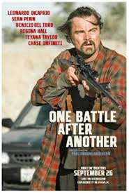 One Battle After Another dvd cover showing a man in a plaid shirt holding a rifle