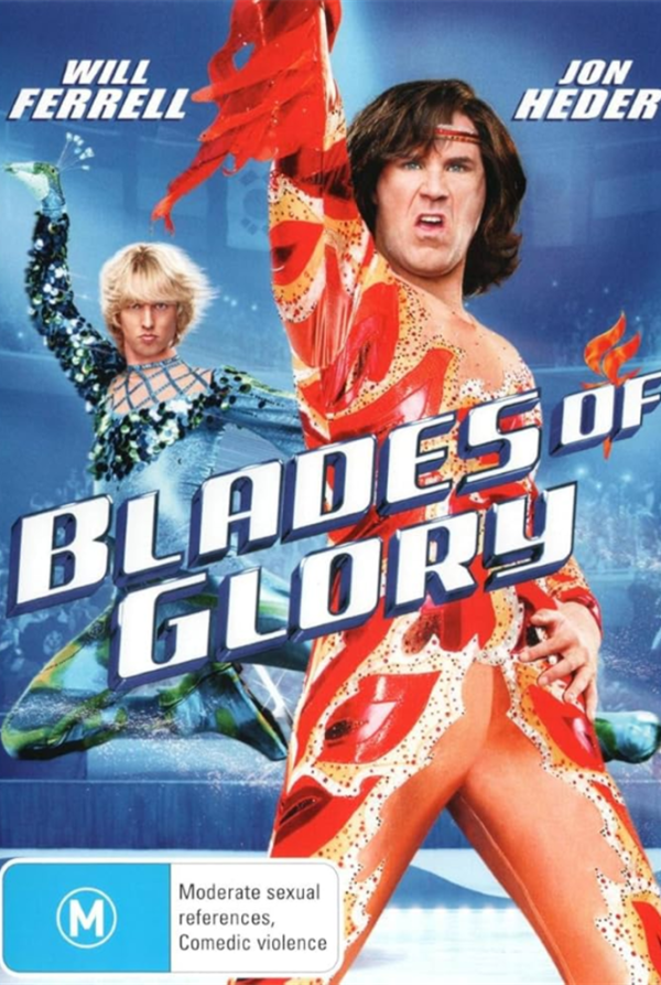 Blades of Glory dvd cover; two male ice skaters in elaborate skating costumes