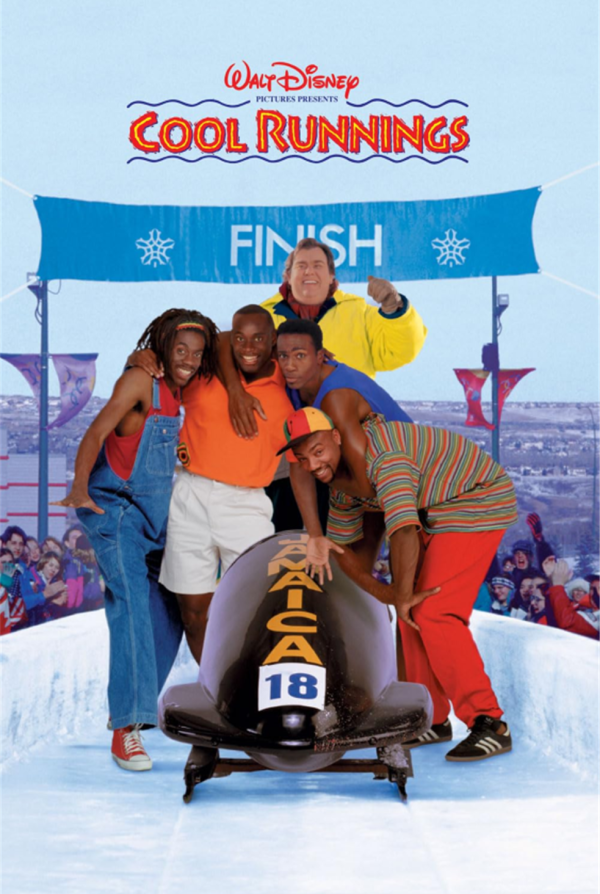 Cool Runnings dvd cover; group of summery dressed people crowded around a winter bobsled and bobsled track