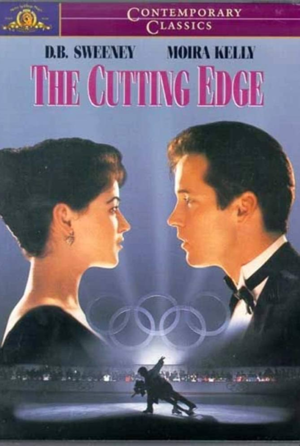 The Cutting Edge dvd cover; male and female olympic ice skaters facing each over over the image of them on an olympic ice rink