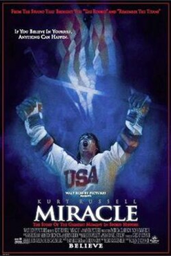 Miracle dvd cover; ice hockey skater from team usa raising his arms in victory