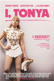 I, Tonya dvd cover; female ice skater in costume leaning against a wall and holding her skating boots