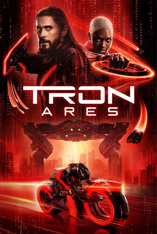 Tron Ares dvd cover; futuristic man and woman with light saber type weapons, glowing red, man on a futuristic looking motorcycle;