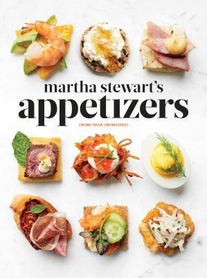 a white book cover with black lettering featuring images of various small appetizers arranged in a grid pattern