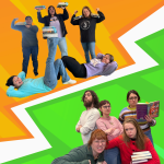 2 groups of library staff holding books looking tough with an orange and green graphic background