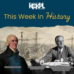 graphic for this week in history with portraits of President Franklin D. Roosevelt and Adam smith as well as art depicting the The Naval Battle Near Ecnomus