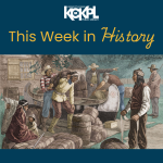 Cover image for This Week in History for April 6, with an image of several Native Americans negotiating over packages of fur at the Hudson Bay Company trading post, painted by Henry Alexander Ogden in 1882.