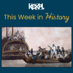 This Week in History cover image from the week of April 27, 2026. It features a painting of the mutiny on the HMS Bounty, with Captain William Bligh being set adrift with several other men on a small boat, while the mutineers crowd around on the main ship.  Painting by Robert Dodd.