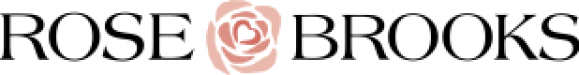 logo for rose brooks with pink graphic rose between words