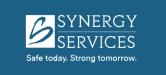 logo for synergy service, safe today strong tomorrow. White text on dark teal background