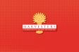 logo for harvesters community food network on a red background
