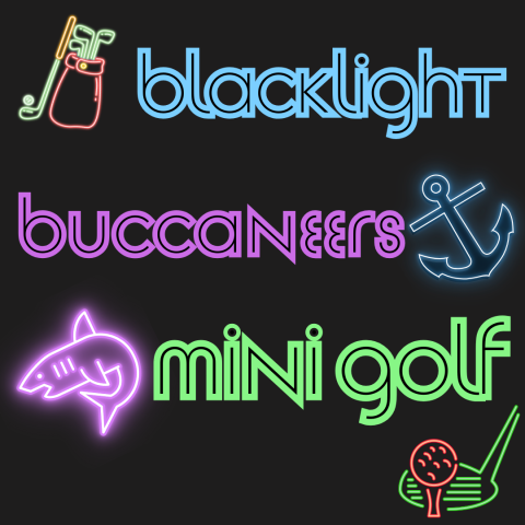 Black background with title of the program and neon anchor, shark, golf bag with clubs, and golf tee with ball and club. 