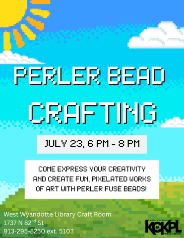 Sunny landscape with pixelated text: Perler Bead Crafting