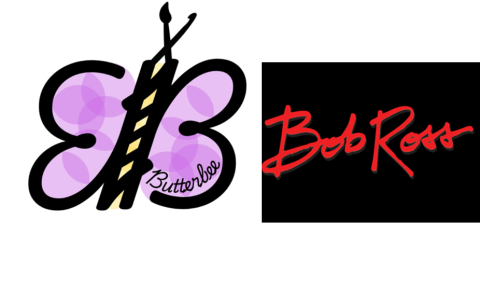 Purple butterfly made up of two capital Bs for the Butterbee Boutique logo followed by the Bob Ross signature