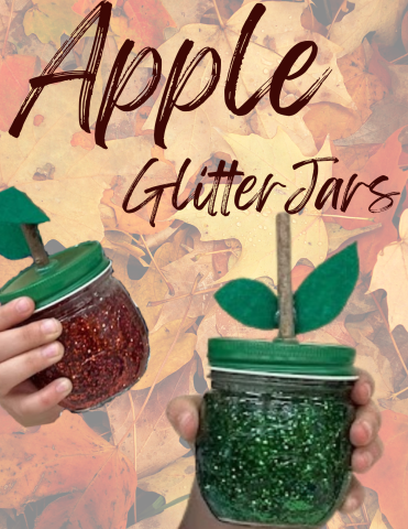 Fall leaf background, the title of the program in brown, and two apple glitter jars, one green and one red.