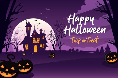 Purple background, haunted house, smiling pumpkins, "Happy Halloween Trick or Treat"