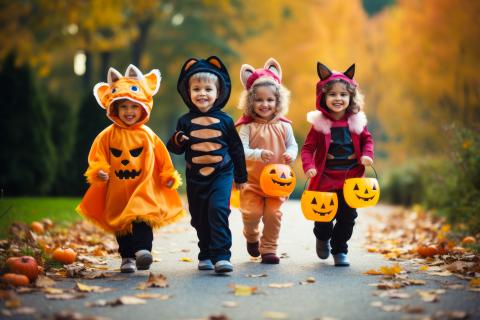 4 preschool aged children holding pumpkins walking along a sidewalk with fallen leaves on the side.
