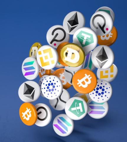 Cryptocurrency symbols on a blue background