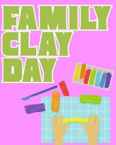 Family Clay day in green on a purple background and someone using air dry clay in multiple colors.
