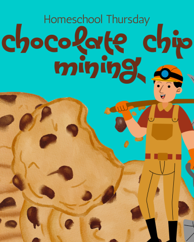 Picture of a miner and a mountain of cookies on a blue background with "Chocolate chip mining" title in a brown curly font.