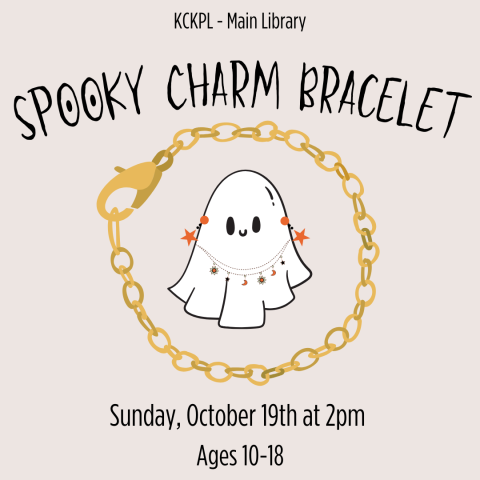 Ghost wearing jewelry graphic with a gold chain around it and the words Sunday, October 18th at 2pm and Spooky Charm Bracelet on it. 